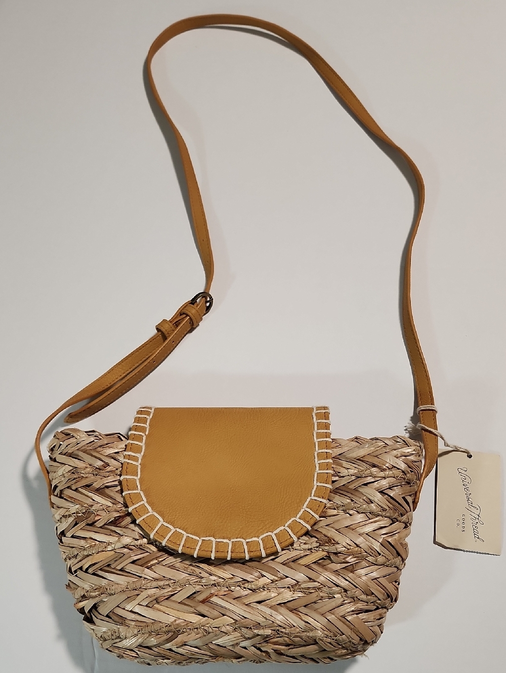 Woven Straw Crossbody Bag with Mustard Leather Flap